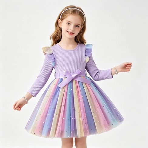 New Girls' Long Sleeve Dress Korean Style Gradient Tulle Princess Dress Children's Birthday Party Dress Purple in Kuwait