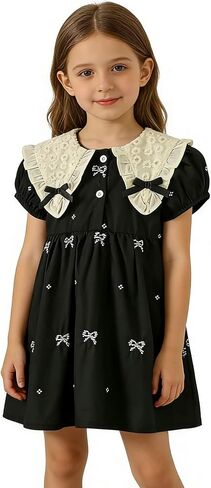 Girls Cotton Sweet Style Summer Short Sleeve Bow Collar Casual Short Dress in Saudi Arabia
