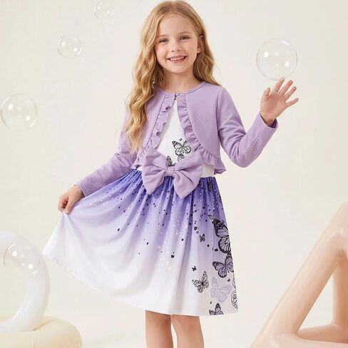 Girls Dress Set Outfit Sleeveless Crew Neck Butterfly Bow A Line Dress with Long Sleeve Cardigan for Party School in Kuwait