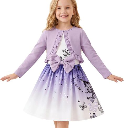 Girls Dress Set Outfit Sleeveless Crew Neck Butterfly Bow A Line Dress with Long Sleeve Cardigan for Party School in Kuwait