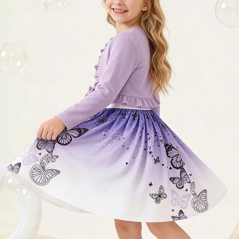 Girls Dress Set Outfit Sleeveless Crew Neck Butterfly Bow A Line Dress with Long Sleeve Cardigan for Party School in Kuwait