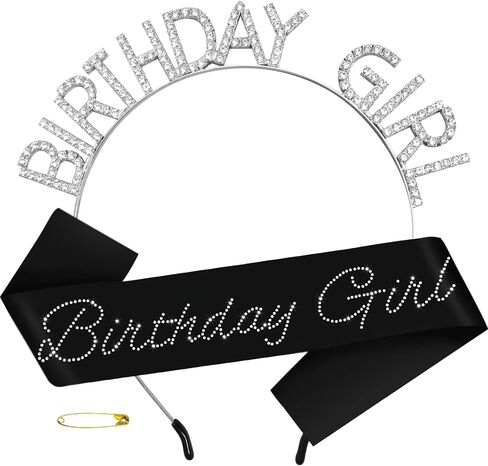 Black Birthday Girl Sash with Glitter Rhinestones and Silver Crown/Tiara for Girls or Women Official Teenager Sweet 16, 18th 21st 30th 40th 50th or Any Other Birthday Party Decorations in Saudi Arabia