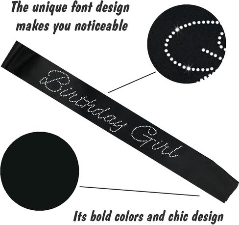 Black Birthday Girl Sash with Glitter Rhinestones and Silver Crown/Tiara for Girls or Women Official Teenager Sweet 16, 18th 21st 30th 40th 50th or Any Other Birthday Party Decorations in Saudi Arabia