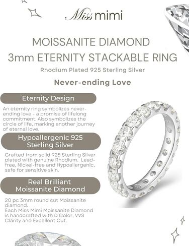 925 Sterling Silver Moissanite Eternity Band Rings for Women, 2mm & 3mm Round Cut Stones, Stackable Dainty Promise Wedding Engagement Ring, Moissanite Wedding Band for Women in Saudi Arabia