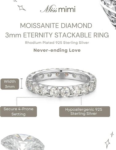 925 Sterling Silver Moissanite Eternity Band Rings for Women, 2mm & 3mm Round Cut Stones, Stackable Dainty Promise Wedding Engagement Ring, Moissanite Wedding Band for Women in Saudi Arabia