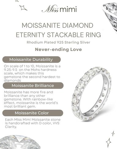925 Sterling Silver Moissanite Eternity Band Rings for Women, 2mm & 3mm Round Cut Stones, Stackable Dainty Promise Wedding Engagement Ring, Moissanite Wedding Band for Women in Saudi Arabia
