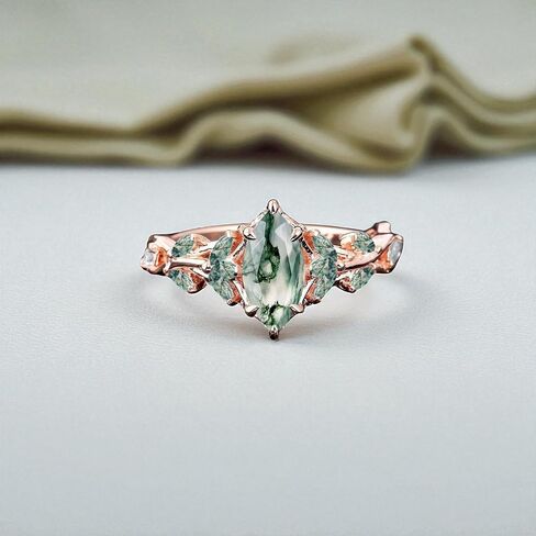Vintage Marquise Moss Agate Engagement Ring Unique Promise Ring For Her Rose Gold Art Deco Leaf Gemstone Branch Nature Inspired Cluster Ring in Kuwait