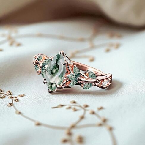 Vintage Marquise Moss Agate Engagement Ring Unique Promise Ring For Her Rose Gold Art Deco Leaf Gemstone Branch Nature Inspired Cluster Ring in Kuwait