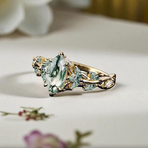 Vintage Marquise Moss Agate Engagement Ring Unique Promise Ring For Her Rose Gold Art Deco Leaf Gemstone Branch Nature Inspired Cluster Ring in Kuwait