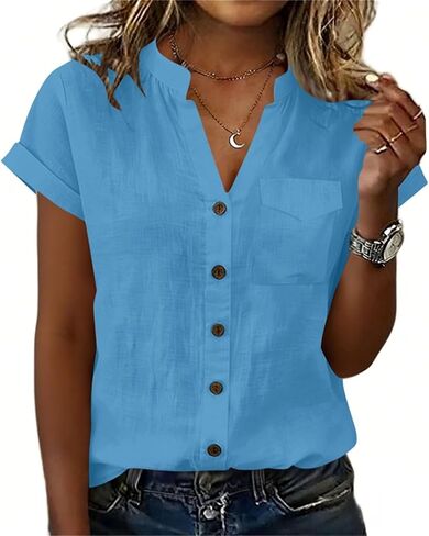 V Neck Cotton Linen Button Down Shirt for Women Short Sleeve Blouse with Pocket Loose Fit Summer Casual Top in Kuwait