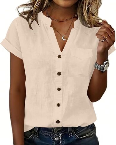 V Neck Cotton Linen Button Down Shirt for Women Short Sleeve Blouse with Pocket Loose Fit Summer Casual Top in Kuwait