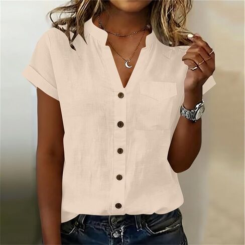 V Neck Cotton Linen Button Down Shirt for Women Short Sleeve Blouse with Pocket Loose Fit Summer Casual Top in Kuwait