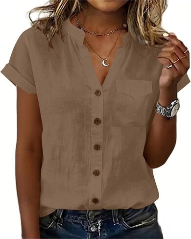 V Neck Cotton Linen Button Down Shirt for Women Short Sleeve Blouse with Pocket Loose Fit Summer Casual Top in Kuwait