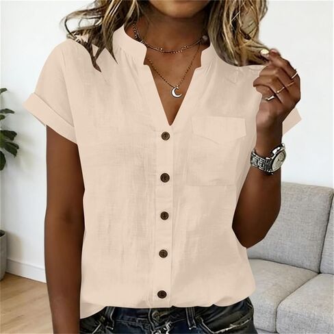 V Neck Cotton Linen Button Down Shirt for Women Short Sleeve Blouse with Pocket Loose Fit Summer Casual Top in Kuwait