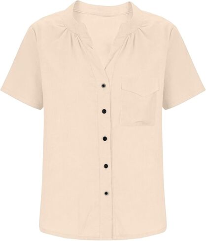 V Neck Cotton Linen Button Down Shirt for Women Short Sleeve Blouse with Pocket Loose Fit Summer Casual Top in Kuwait