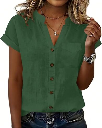 V Neck Cotton Linen Button Down Shirt for Women Short Sleeve Blouse with Pocket Loose Fit Summer Casual Top in Kuwait