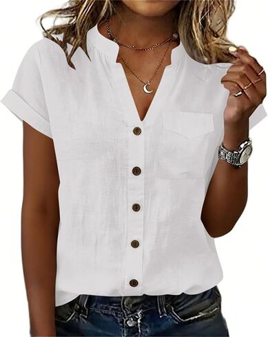 V Neck Cotton Linen Button Down Shirt for Women Short Sleeve Blouse with Pocket Loose Fit Summer Casual Top in Kuwait