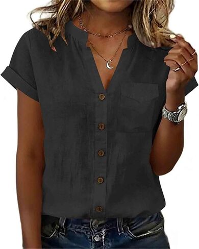 V Neck Cotton Linen Button Down Shirt for Women Short Sleeve Blouse with Pocket Loose Fit Summer Casual Top in Kuwait