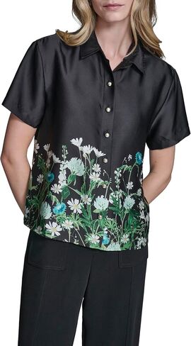 Karl Lagerfeld Women's Short Sleeve Collared Button Down Floral Camp Shirt in Kuwait