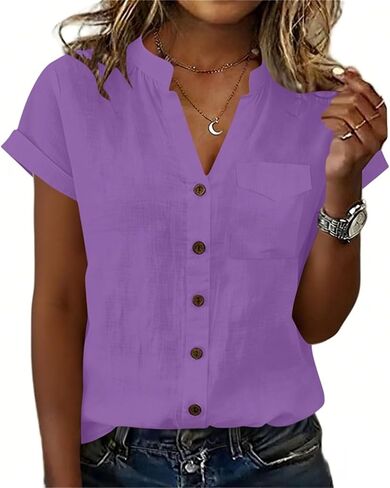 V Neck Cotton Linen Button Down Shirt for Women Short Sleeve Blouse with Pocket Loose Fit Summer Casual Top in Kuwait