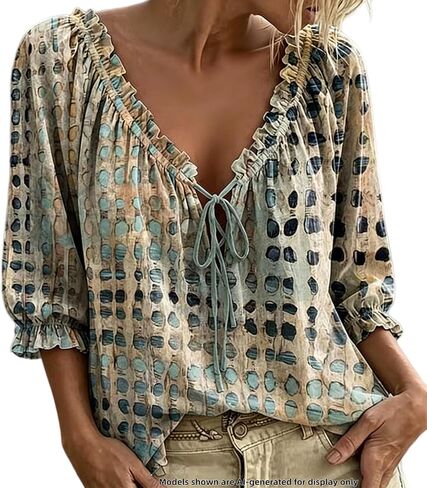 Polka Dot Lace Up Blouse, Women's V-Neck Abstract Geometric Print Drawstring Ruffle 3/4 Sleeve Summer Casual Flowy Tops in Kuwait