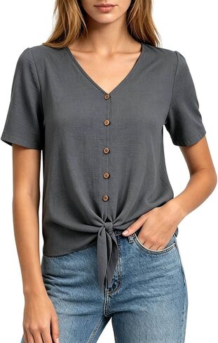 Womens Linen Buttons Down T-Shirts 2026 Trendy Tie Knot Hem Short Sleeve Blouses Summer Casula Solid Color Gauze Tops in Kuwait