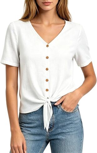 Womens Linen Buttons Down T-Shirts 2026 Trendy Tie Knot Hem Short Sleeve Blouses Summer Casula Solid Color Gauze Tops in Kuwait