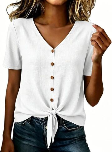 Womens Linen Buttons Down T-Shirts 2026 Trendy Tie Knot Hem Short Sleeve Blouses Summer Casula Solid Color Gauze Tops in Kuwait