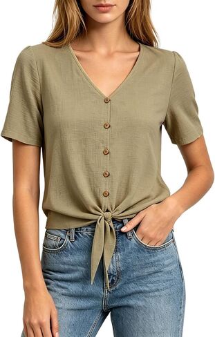 Womens Linen Buttons Down T-Shirts 2026 Trendy Tie Knot Hem Short Sleeve Blouses Summer Casula Solid Color Gauze Tops in Kuwait