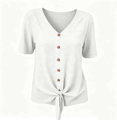 Womens Linen Buttons Down T-Shirts 2026 Trendy Tie Knot Hem Short Sleeve Blouses Summer Casula Solid Color Gauze Tops in Kuwait
