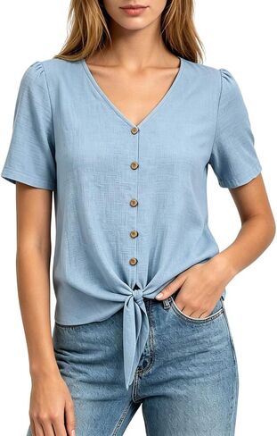 Womens Linen Buttons Down T-Shirts 2026 Trendy Tie Knot Hem Short Sleeve Blouses Summer Casula Solid Color Gauze Tops in Kuwait