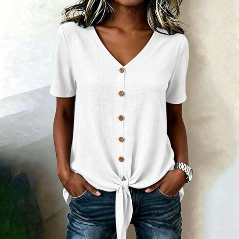 Womens Linen Buttons Down T-Shirts 2026 Trendy Tie Knot Hem Short Sleeve Blouses Summer Casula Solid Color Gauze Tops in Kuwait
