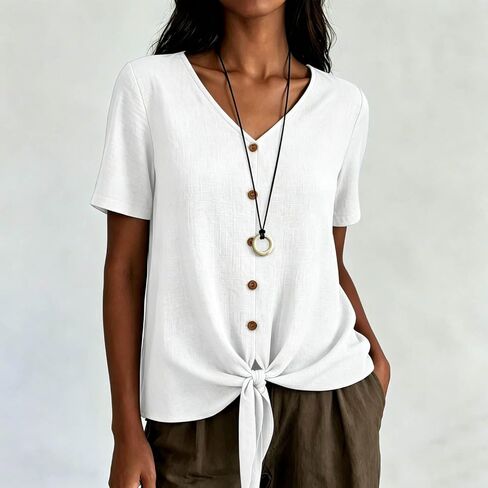 Womens Linen Buttons Down T-Shirts 2026 Trendy Tie Knot Hem Short Sleeve Blouses Summer Casula Solid Color Gauze Tops in Kuwait