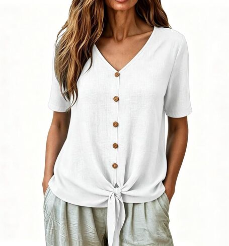 Womens Linen Buttons Down T-Shirts 2026 Trendy Tie Knot Hem Short Sleeve Blouses Summer Casula Solid Color Gauze Tops in Kuwait