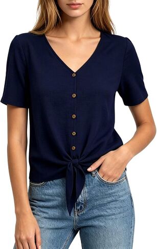 Womens Linen Buttons Down T-Shirts 2026 Trendy Tie Knot Hem Short Sleeve Blouses Summer Casula Solid Color Gauze Tops in Kuwait
