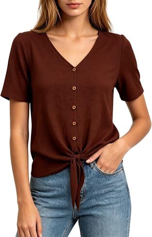 Womens Linen Buttons Down T-Shirts 2026 Trendy Tie Knot Hem Short Sleeve Blouses Summer Casula Solid Color Gauze Tops in Kuwait
