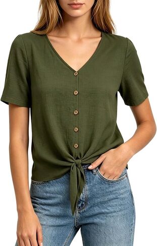Womens Linen Buttons Down T-Shirts 2026 Trendy Tie Knot Hem Short Sleeve Blouses Summer Casula Solid Color Gauze Tops in Kuwait