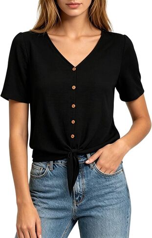 Womens Linen Buttons Down T-Shirts 2026 Trendy Tie Knot Hem Short Sleeve Blouses Summer Casula Solid Color Gauze Tops in Kuwait