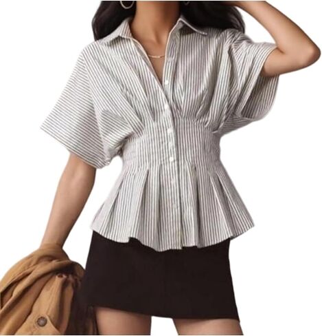 Women's Striped Shirts Collared Button Down Short Sleeve Cinched Waist Pleated Tops Summer Peplum Blouse in Saudi Arabia