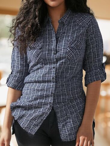 Women's Long Sleeve Cotton Plaid Button Down Shirts Casual Blouse in Kuwait