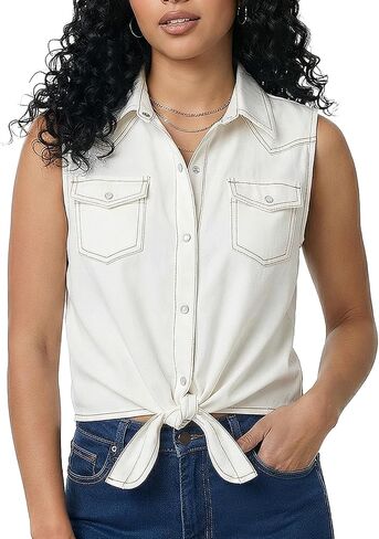 Noomelfish Women's Sleeveless Denim Tie Front Crop Top Jean Pearl Snap Western Cowgirl Shirt Rodeo Country Concert Outfit in Kuwait