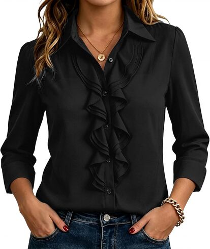Nlife Women Ruffle Front Blouse Button Down 3/4 Sleeve Business Casual Work Office Dressy Victorian Shirt Top in Saudi Arabia