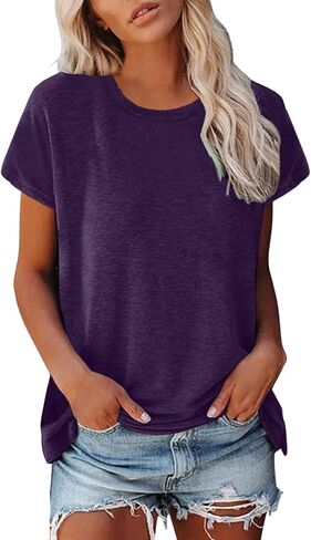 Short Sleeve Summer Top Women Casual Shirt for Women Crewneck Loose T Shirt Beach Vacation Breathable Basic Blouse in Saudi Arabia
