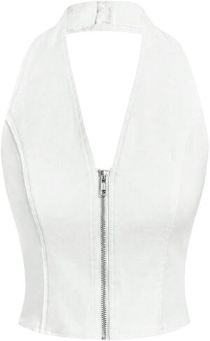 Floerns Women's Y2k Denim Halter Tops Backless Sleeveless Zipper Club Jean Crop Top in Saudi Arabia