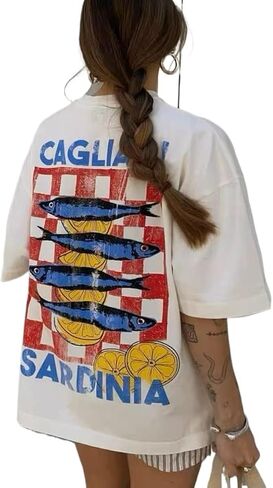 Women Teens Girl Oversized Graphic Shirts Short Sleeve Floral Baggy Tees Y2K Cute Aesthetic Summer Coastal Tops in Saudi Arabia