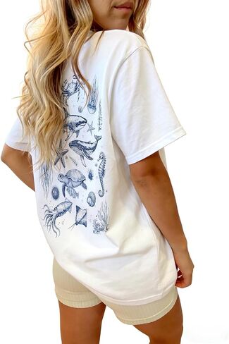 Women Teens Girl Oversized Graphic Shirts Short Sleeve Floral Baggy Tees Y2K Cute Aesthetic Summer Coastal Tops in Saudi Arabia