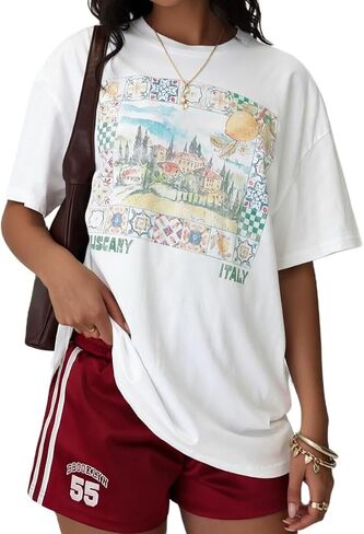 Women Teens Girl Oversized Graphic Shirts Short Sleeve Floral Baggy Tees Y2K Cute Aesthetic Summer Coastal Tops in Saudi Arabia