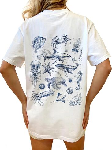 Women Teens Girl Oversized Graphic Shirts Short Sleeve Floral Baggy Tees Y2K Cute Aesthetic Summer Coastal Tops in Saudi Arabia