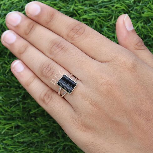 Black Tourmaline Ring | Raw Black Tourmaline Silver Ring | October Birthstone | Genuine Rough Tourmaline Handmade Ring | Sterling Silver 925 in Saudi Arabia