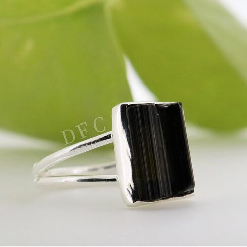 Black Tourmaline Ring | Raw Black Tourmaline Silver Ring | October Birthstone | Genuine Rough Tourmaline Handmade Ring | Sterling Silver 925 in Saudi Arabia